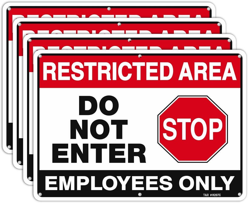 TR Large Restricted Area Do Not Enter Employees Only Sign - 4 Pack - 14 x 10 Inches Rust Free .040 Aluminum - UV Protected, Waterproof, Weatherproof and Fade Resistant - 6 Pre-drilled Holes - Image 1